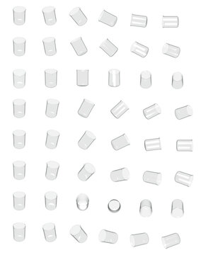 【マルチアングル素材】ビーカーが自然に見える角度 48アングルのセットです。
1セルが解像度 1920&times;1280pxの透明PNG素材から、無駄な空間を削除して画質劣化を防いでいます。用途に合わせた最適な角度のイラスト（セル）を切り出してご使用いただけます。
