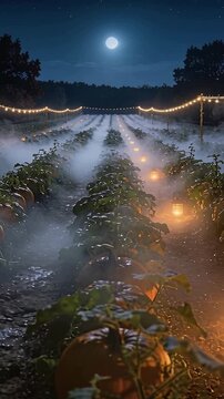 Vertical video: Camera pulling back, revealing moonlit pumpkin rows, lanterns glowing, showing fog