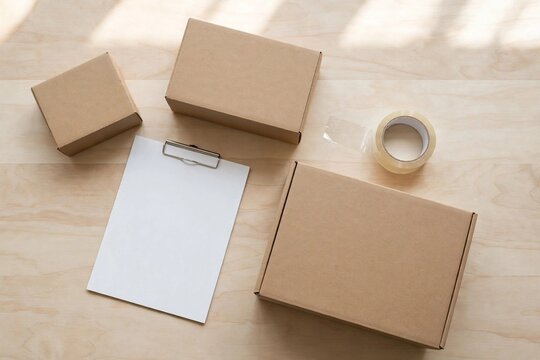 E commerce delivery boxes with blank clipboard mockup on wooden table