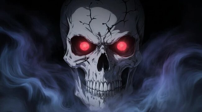 Sinister Skull emerging from ethereal smoke with glowing red eyes during a dark atmospheric sequence