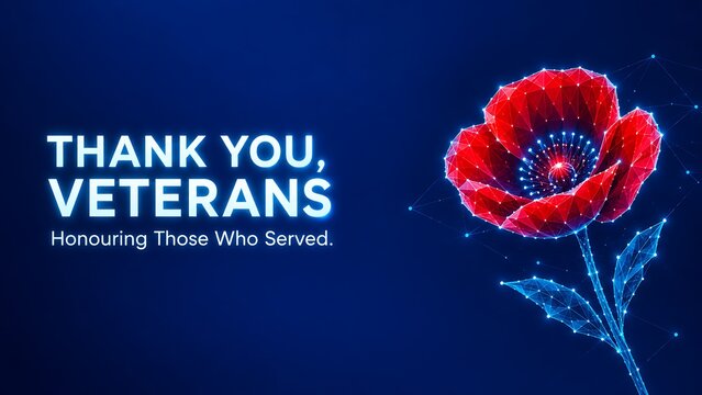 Glowing digital red poppy flower honoring veterans with deep blue background. remembrance day ca armed forces memorial commemoration technology particle
