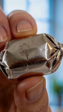 Vertical video: Rotating adult hand tightening twist on foil-wrapped candy in kitchen