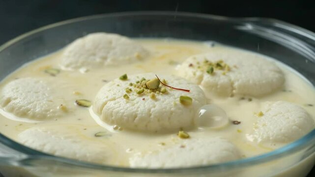 Traditional Rasmalai Indian Dessert in Glass Bowl, Creamy Sweet Paneer Cottage Cheese Dumplings in Saffron Milk