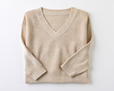 Folded beige knit sweater with V neck and ribbed texture on white background