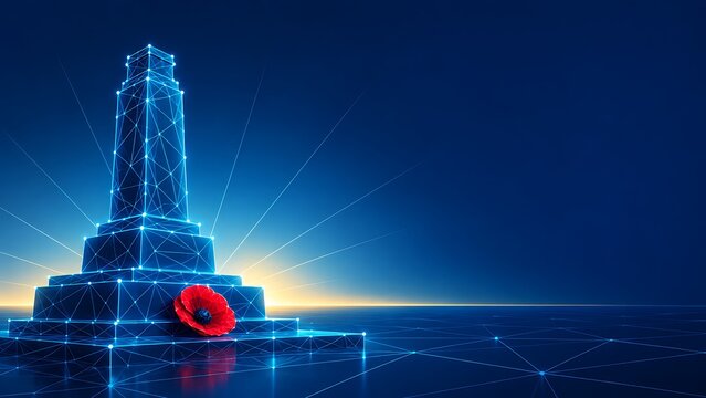 Digital glowing cenotaph monument with red poppy flower symbolizing solemn remembrance day ca war memorial art blue background commemoration