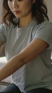 Vertical video: Glancing down, woman in gray tee and dark pants reaching on bed toward bedside item
