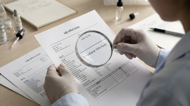 Researcher holding magnifying glass over clinical test report sheet on laboratory desk