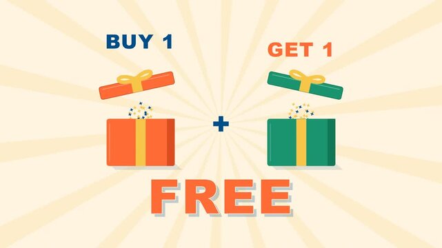 Buy 1 get 1 free promotion with orange and green gift boxes opening on cream sunburst background