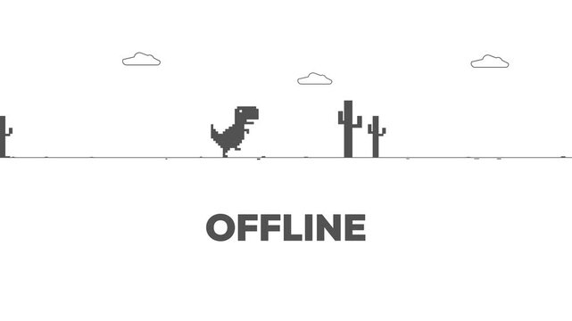 8-bit Retro Pixel Art Dinosaur Character Running and Jumping Over Cacti Obstacles in Simple Browser Game Animation on White Background