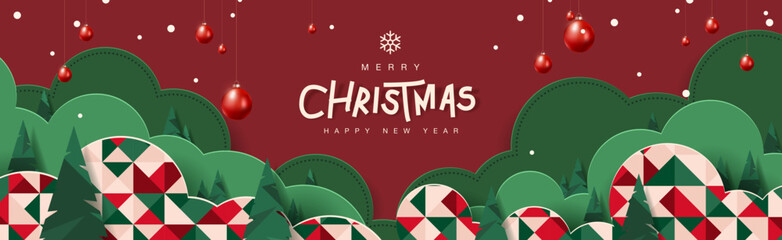 Naklejka premium Christmas banner background with typography, red ornaments, hanging balls, festive pattern, modern layout, holiday theme, celebration graphics, printable poster, digital template, xmas decoration.