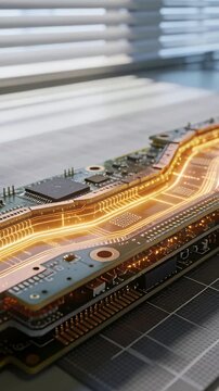 Vertical video: Animating stacked PCBs as orange path appearing and tracing on grid mat