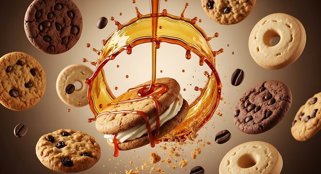 Glazed donut with chocolate drizzle on rustic brown background
