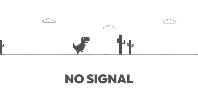 Retro Pixel Art Dinosaur Running and Jumping Over Cactus Obstacles with No Signal Text Overlay on White Background