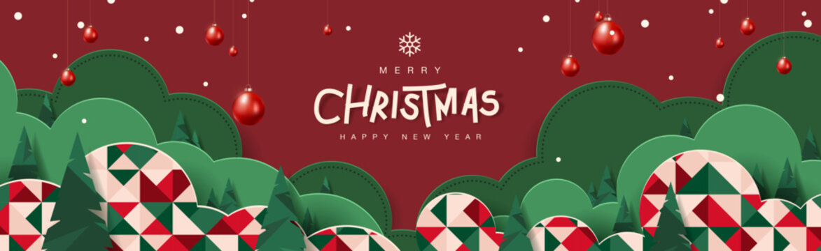Christmas banner background with typography, red ornaments, hanging balls, festive pattern, modern layout, holiday theme, celebration graphics, printable poster, digital template, xmas decoration.