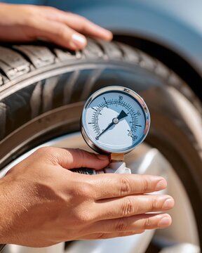 Hand holding analog tire pressure gauge against car tire tread, measuring psi under bright daylight with shallow depth of field