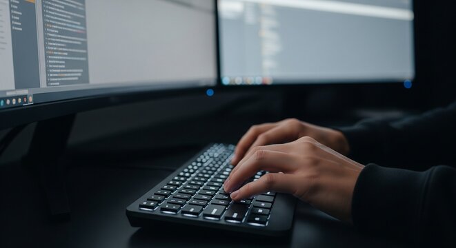 Hands typing code on a backlit keyboard at a dark desk