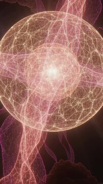 Vertical video: Pulsing core starting, mesh sphere shaking rings and trailing lights in nebula