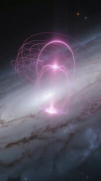 Vertical video: Bright base sparking magenta looping column rising above galaxy disk, forming torus