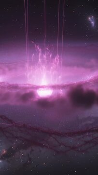 Vertical video: Brightening luminous core emitting plumes in deep space, triggered by magenta beams