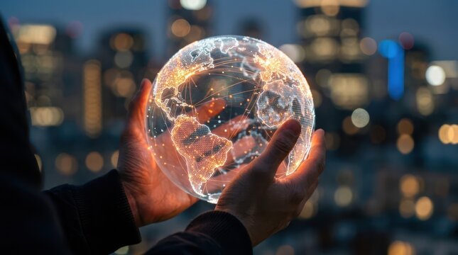 Hands holding glowing digital globe with network connections over city background