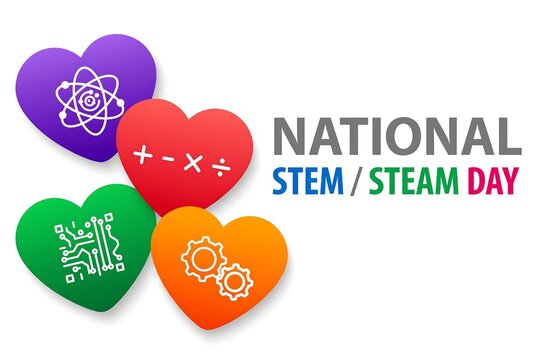 National stem and steam day concept with colorful hearts featuring icons for science, technology, engineering, and math