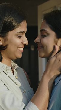 Vertical video: Laughing woman on left reaching to tuck partner's hair at front door, in button-ups
