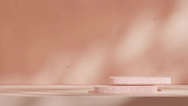 looping seamless shadow animation with brown textured wall, 3d video render blank mockup of block shape pink terrazzo podium