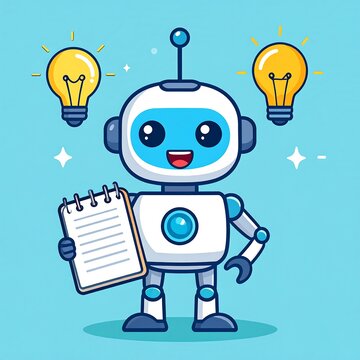 Creative robot with light bulbs and documents illustration.