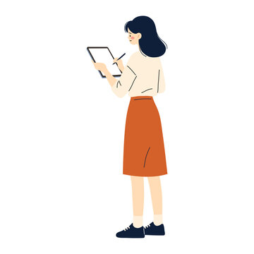 Flat Cartoon Woman Standing and Writing on Tablet, Female Writer and Creative Work Illustration