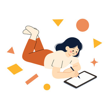 Flat Cartoon Woman Lying Down and Drawing on Tablet, Creative Writing and Study Illustration