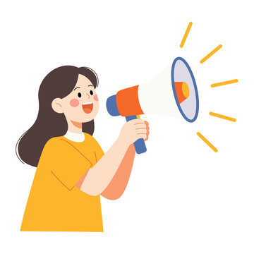 Flat Cartoon Woman Using Megaphone for Recruiting, Promotion, Discount and Announcement Illustration