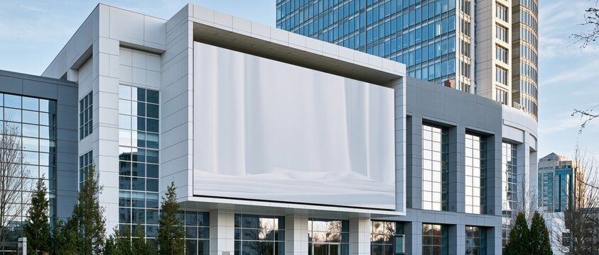 Modern building with oversized blank banner facade under clear sky