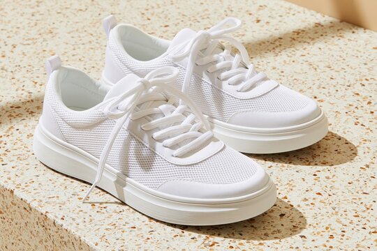 Pair of plain white sneakers on speckled beige surface