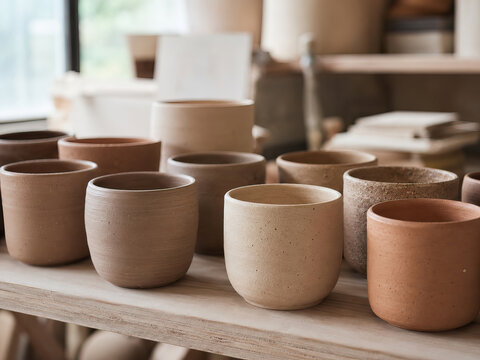 A collection of unglazed ceramic mugs rests on a light-colored wooden shelf, arranged in a row and partially overlapping, creating a sense of abundance and a rustic, calm atmosphere.
