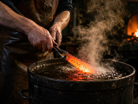 A man intensely works at a forge, skillfully manipulating glowing metal within a dark iron pot, generating intense heat and billowing smoke.
