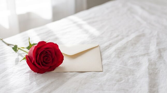 Single vibrant red rose resting gracefully beside a blank cream envelope on bright white textured bed linens