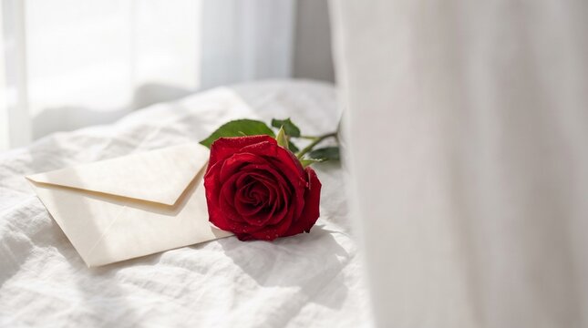 Beautiful vibrant red rose resting gracefully beside a blank cream envelope on bright sunlit white cotton bedding indoors