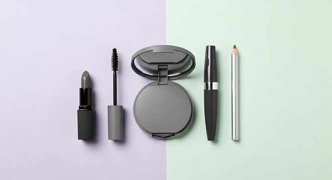 Minimalist makeup beauty set with lipstick, mascara, compact mirror, eyeliner, and pencil