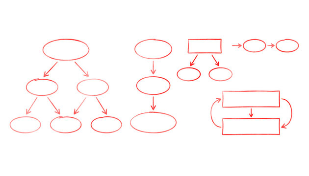 Set of handdrawn flowcharts and diagrams with arrows, circles, and rectangles isolated on transparent background