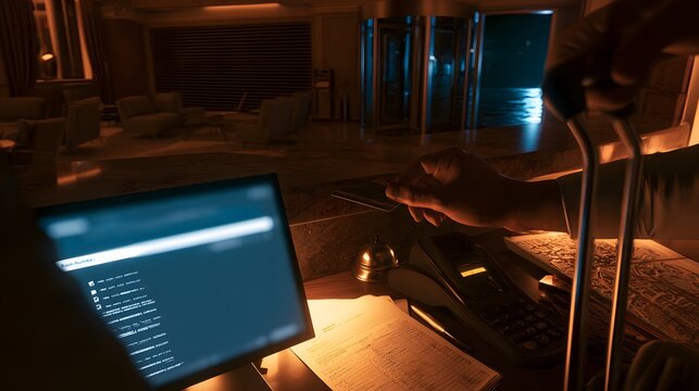 POV Night Receptionist Handing Key Card to Late Hotel Guest.