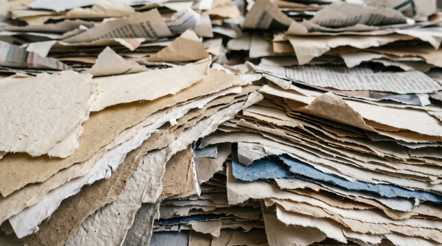 Stack of rough torn handmade recycled paper in earth tones