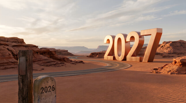 Large metallic 2027 numbers standing on a desert road representing