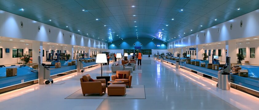 Modern sorting depot interior with blue conveyor belts and lounge seating
