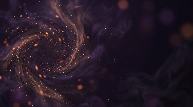 Dynamic spiral vortex of glowing golden fire sparks and purple smoke swirling in dark space with copy space.