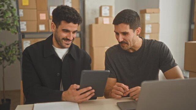 Man holding tablet with hand, smiling and gesturing toward laptop and packages in a building; teamwork optimism partnership.