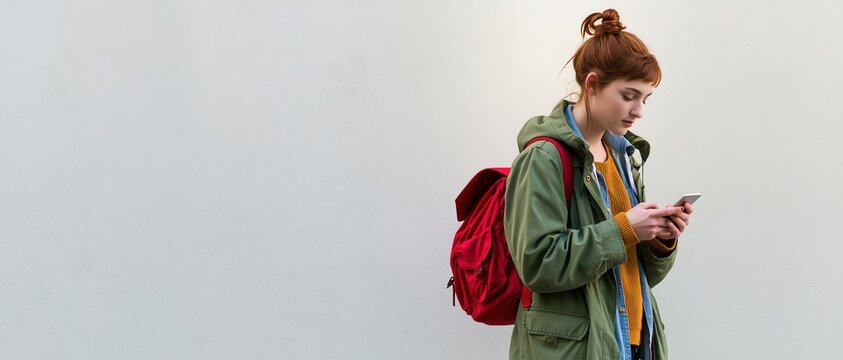 Teenage girl checking phone while waiting with red backpack against plain wall