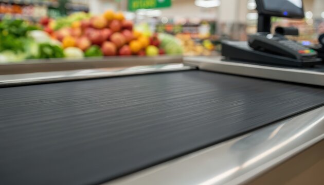 A close-up of a supermarket checkout conveyor belt with blurred fresh fruits and a cash register in the background.