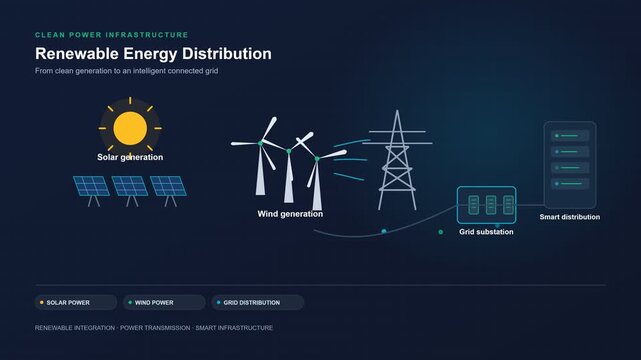 Renewable Energy Distribution Diagram Showing Solar Power Wind Generation and Smart Electricity
