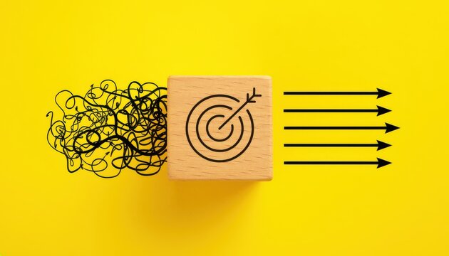 A wooden block with a target icon represents focused direction, emerging from chaotic scribbles transforming into straight arrows on a bright yellow background.