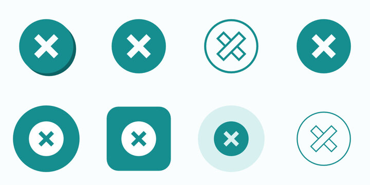 Cross mark icon collection featuring cancel and close buttons in teal circular shapes with various stroke line aesthetics.